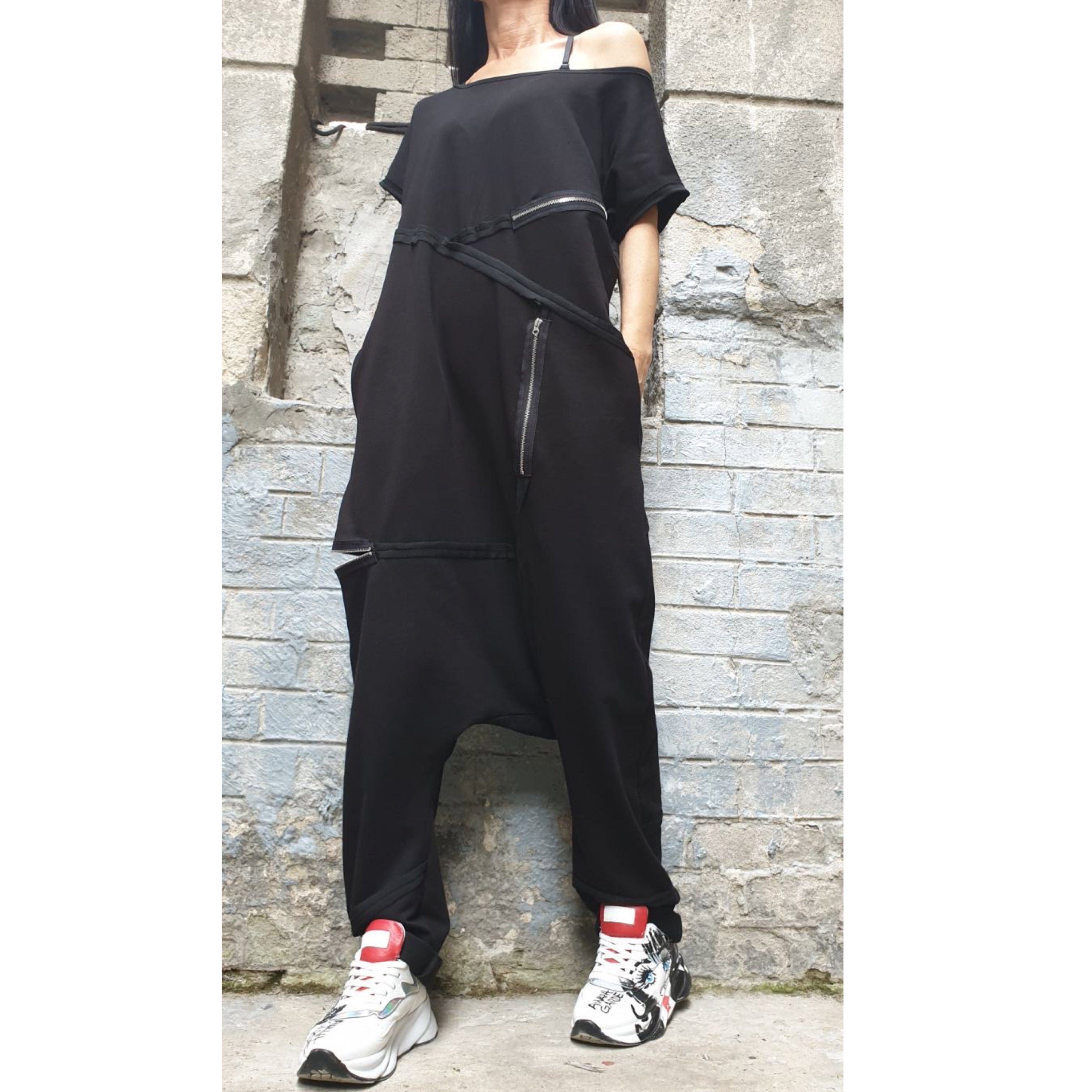 Black Asymmetrical Jumpsuit with Short Sleeves – Designer Cut / Exposed Seams & Zippers / Two-Thread Fleece Romper with Side Pockets