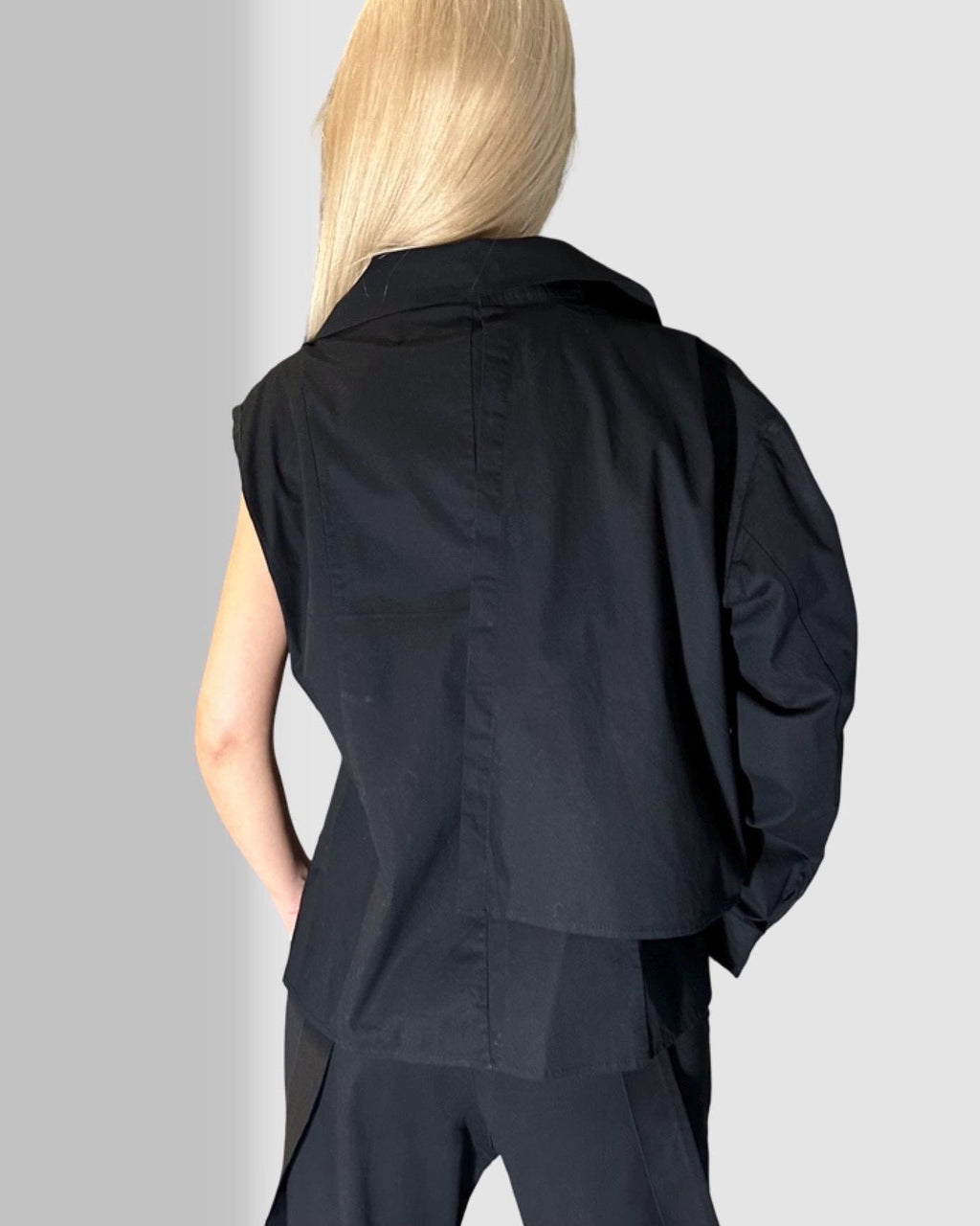 Avant-Garde Black Women’s Shirt / Two-Piece Sleeveless Shirt with Detachable Long Sleeve / Designer Statement Top
