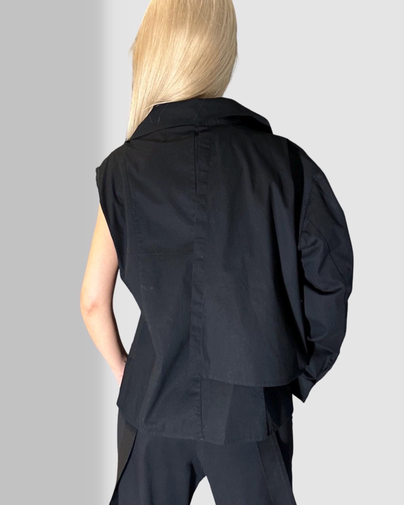 Avant-Garde Black Women’s Shirt / Two-Piece Sleeveless Shirt with Detachable Long Sleeve / Designer Statement Top