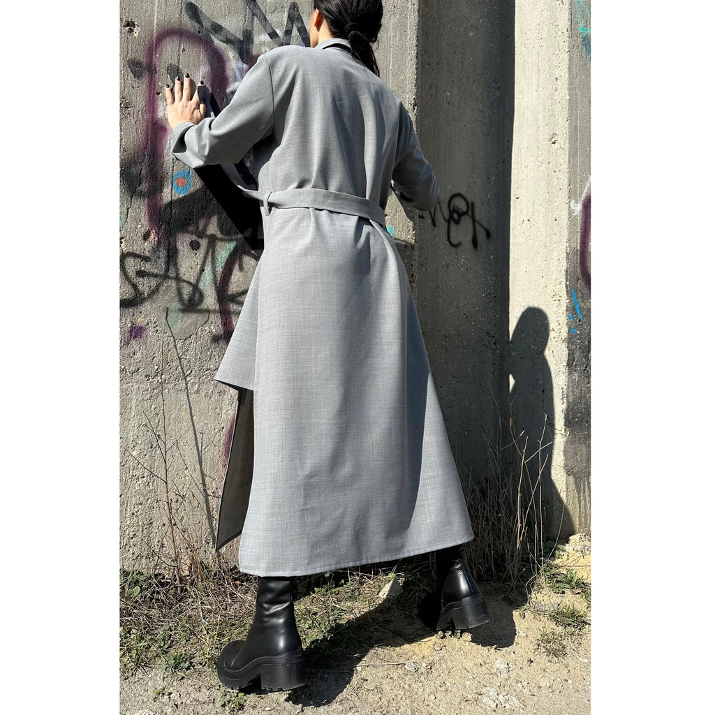 Grey Long Sleeve Shirt Dress: Belted Cotton-Blend Outwear