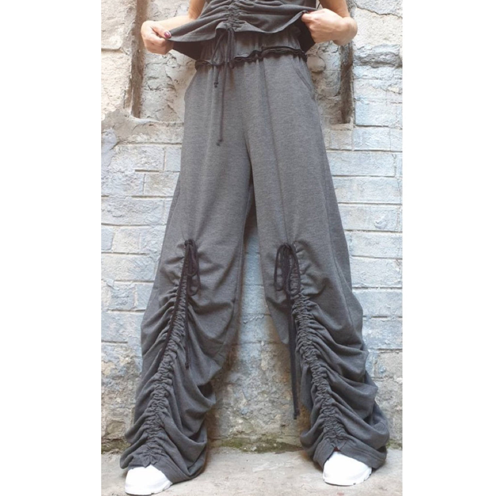 Avant-Garde Wide Leg Pants – Dark Grey Ruched Trousers with High Waist & Pockets