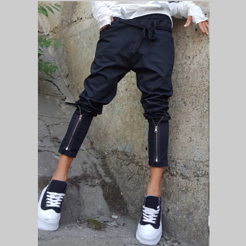 Street Style Black Cotton Pants – Urban Zipper Detail Joggers with Elastic Waist