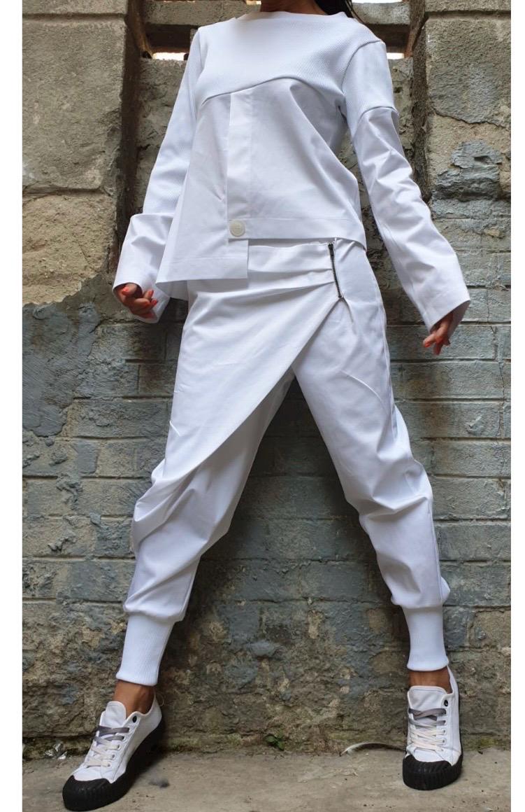 Black Asymmetric Two-Piece Set – Avant-Garde Women’s Outfit / Handmade Cotton Top & Drop Crotch Pants / Minimalist Modern Streetwear