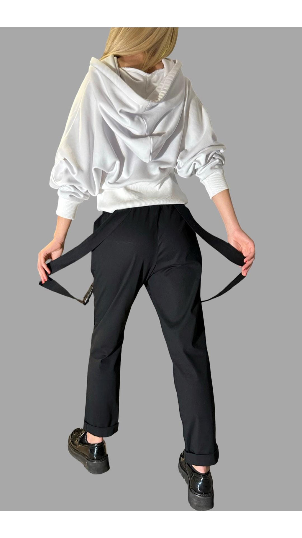 Women’s Black Casual Pants with Straps / Cotton Trousers with Elastic Waist and Buckles / Urban Everyday Pants