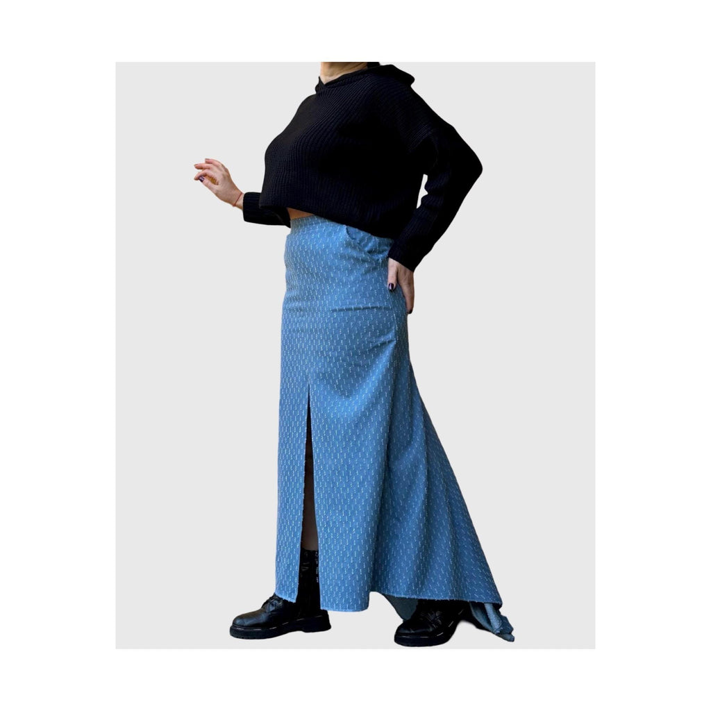 Avant-Garde High Waist Denim Maxi Skirt with Asymmetrical Back Hem