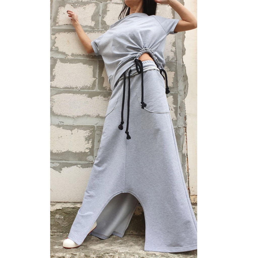 Asymmetric Cotton Set – High Waist Skirt and Tie Detail Top / Avant-Garde Casual Outfit