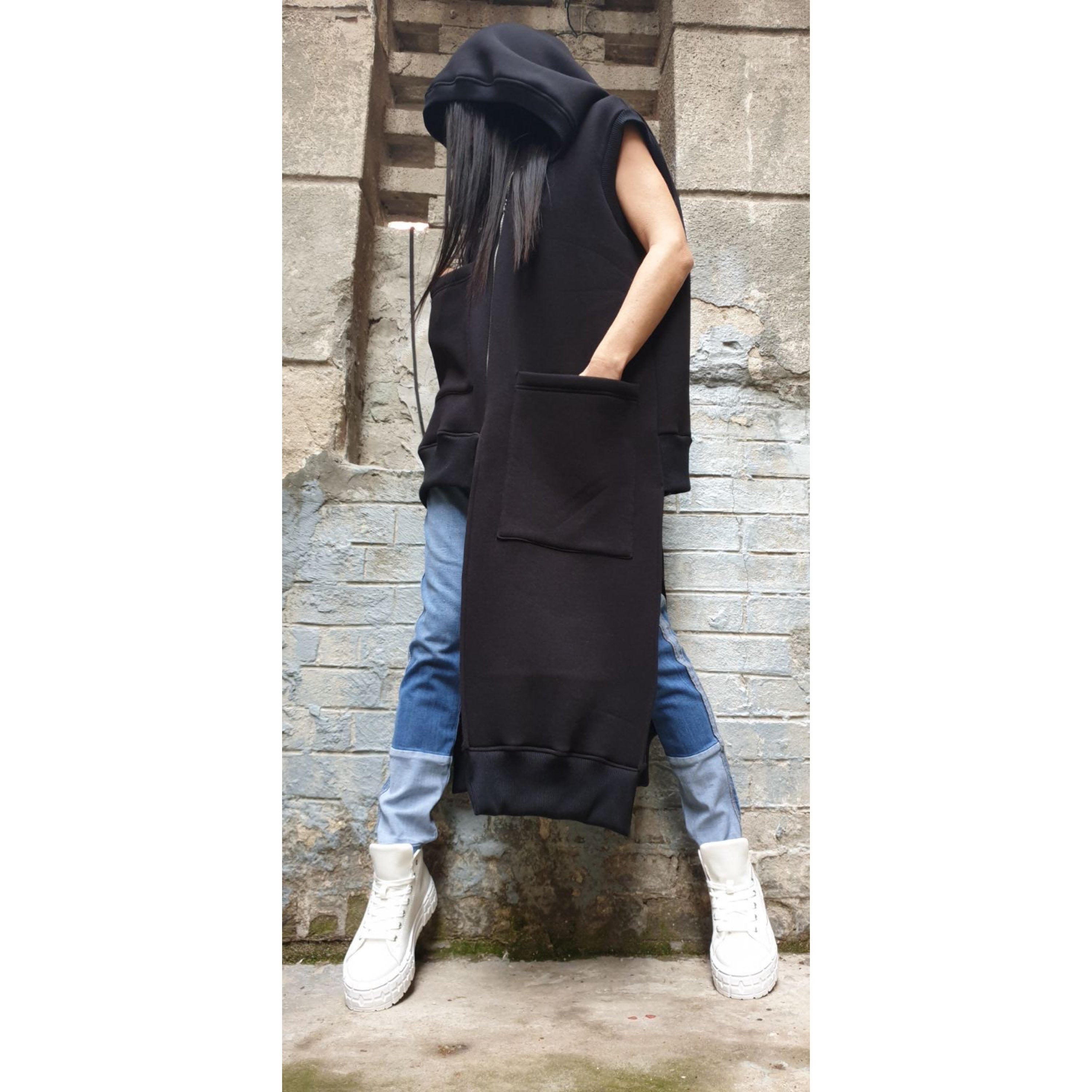 Asymmetric Hooded Vest – Long Sleeveless Fleece Coat with Zipper and Front Pockets