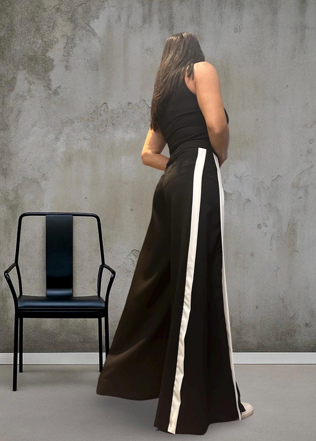 Black Wide Leg Pants for Women – High Waist Trousers with White Side Stripe / Sporty Chic Maxi Pants with Pockets