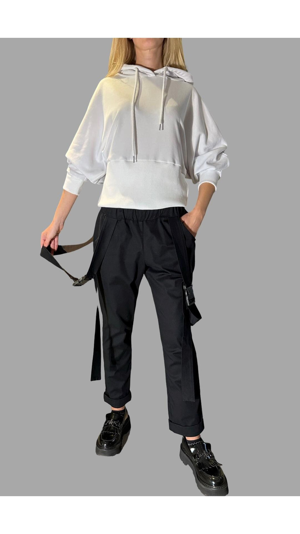 Women’s Black Casual Pants with Straps / Cotton Trousers with Elastic Waist and Buckles / Urban Everyday Pants
