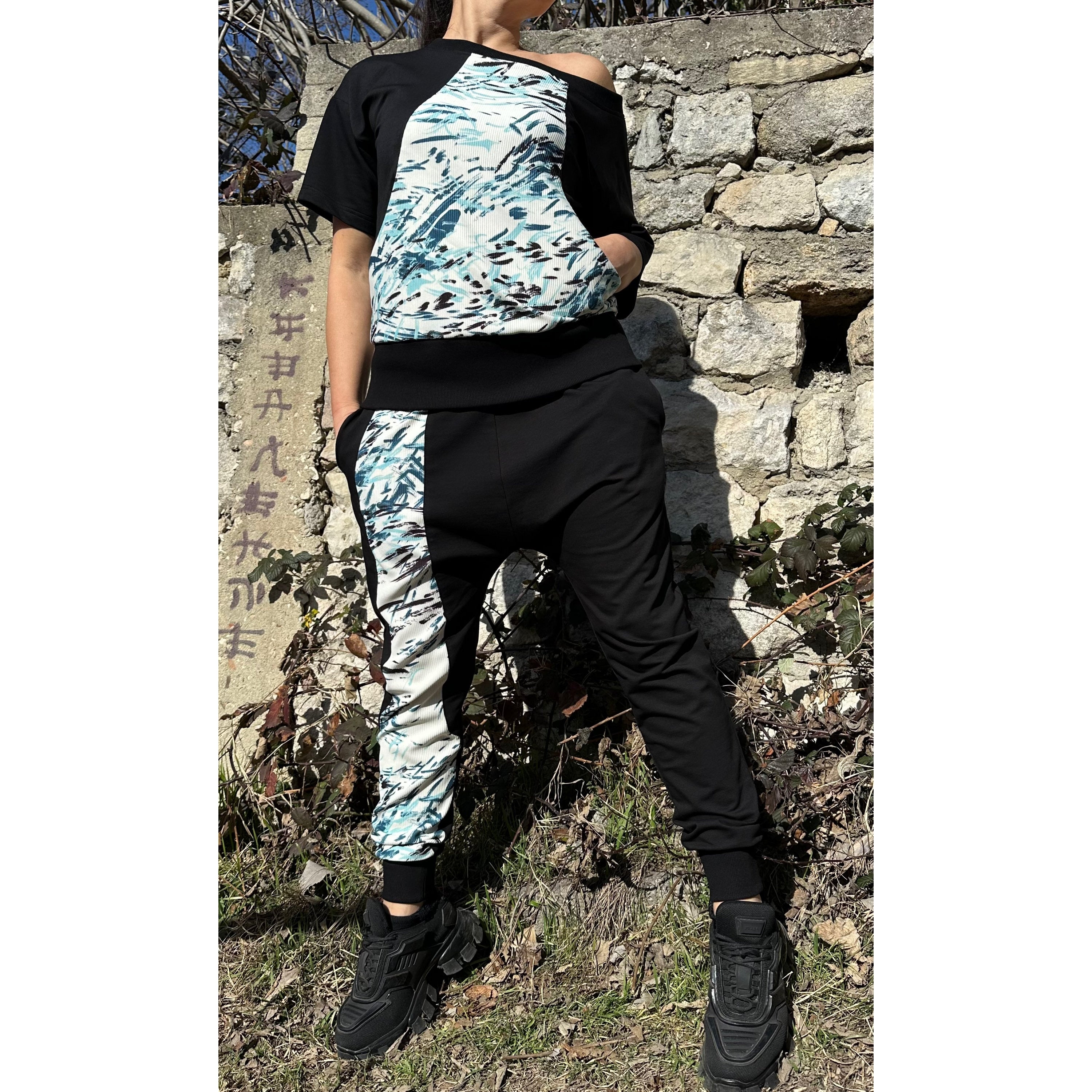 Streetwear Cotton Tracksuit – Handmade Jogger Pants and Short Sleeve Top with Neoprene Patches