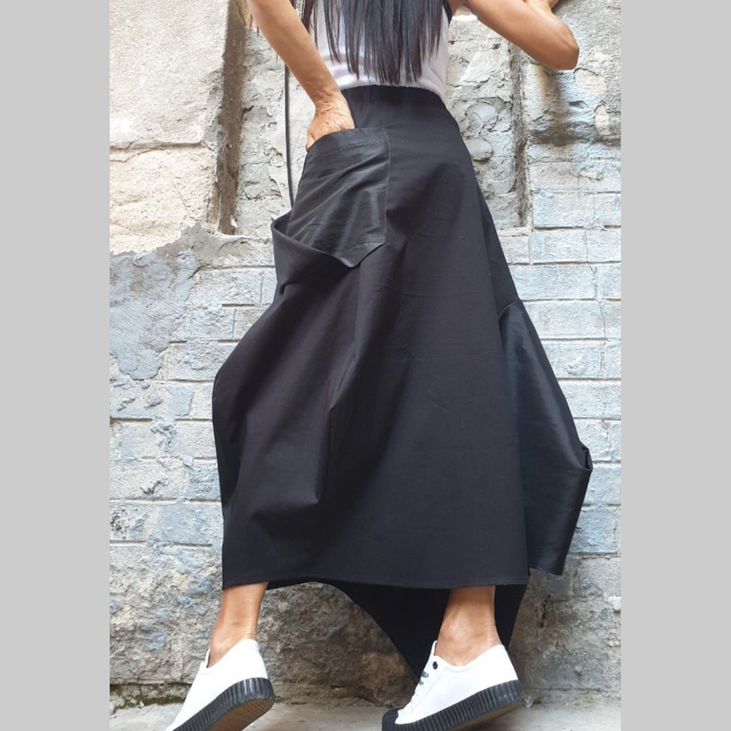 Asymmetric Black Maxi Skirt with Pocket – Avant-Garde High Waist Cotton Skirt