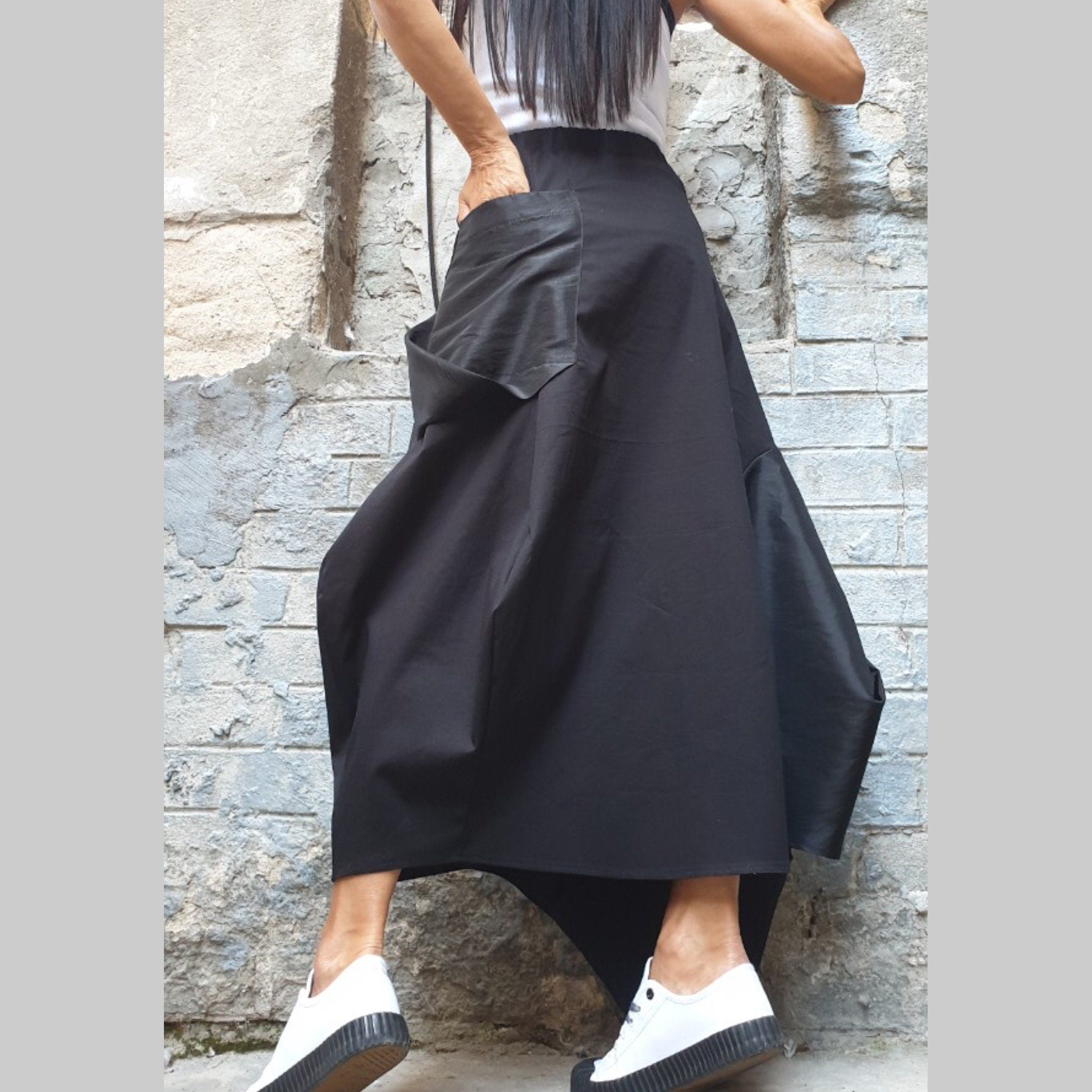 Asymmetric Black Maxi Skirt with Pocket – Avant-Garde High Waist Cotton Skirt