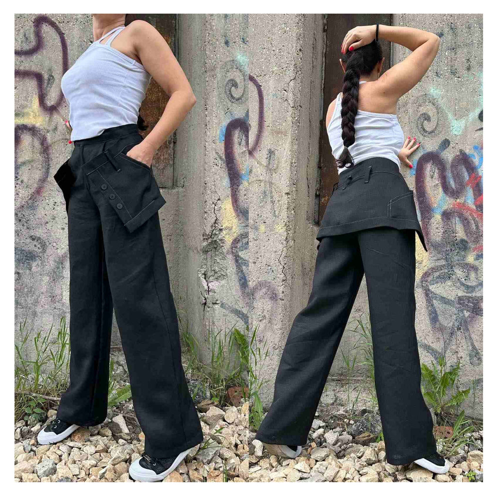 Black Linen High-Waisted Pants with Removable Overlay Skirt – Wide-Leg Trousers with Pockets