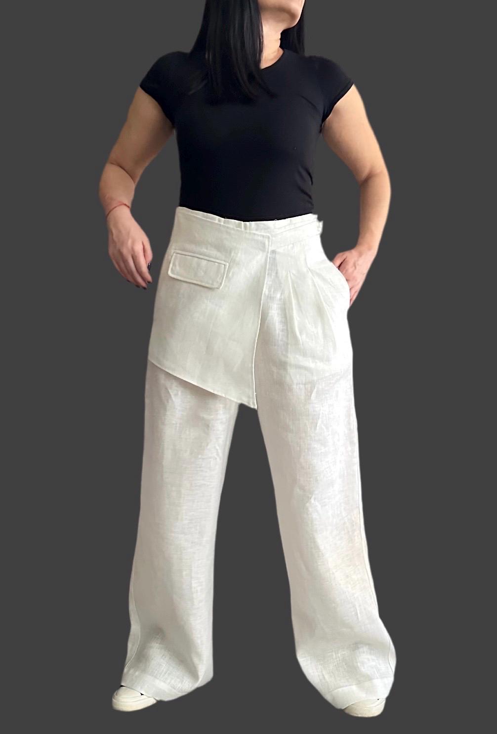 Linen Wide Leg Pants / Asymmetric High Waist Summer Trousers