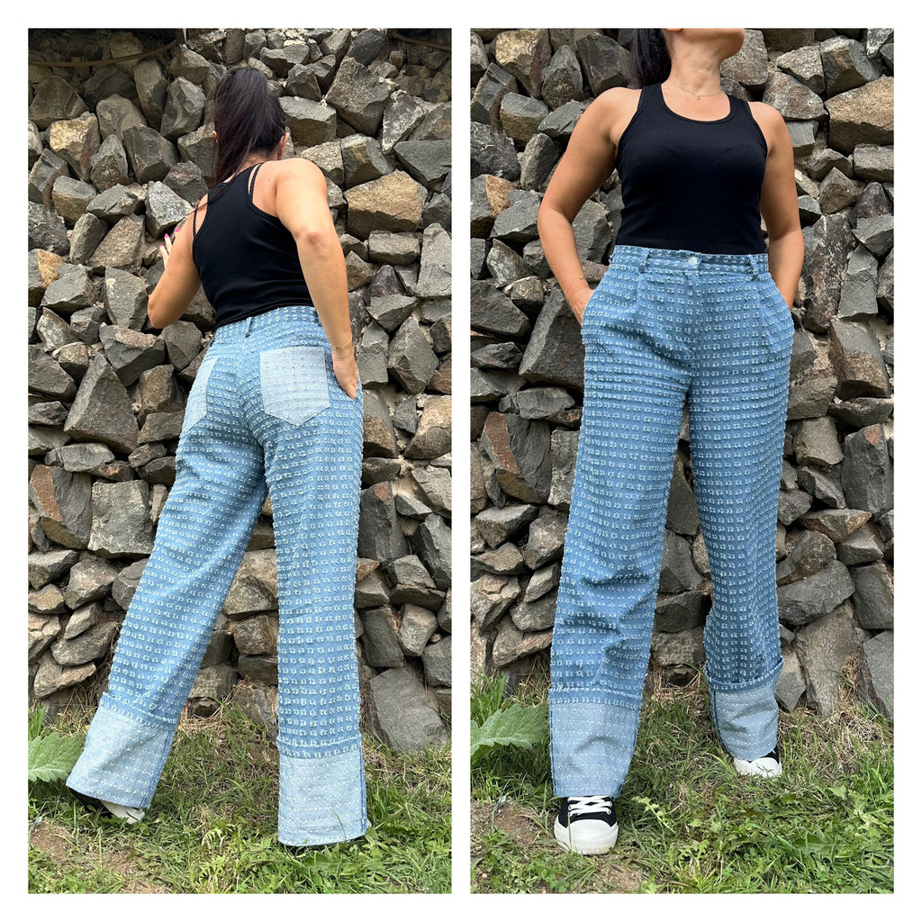 High-Waisted Distressed Denim Pants with Cuffed Hems – Handmade Wide-Leg Jeans with Pockets