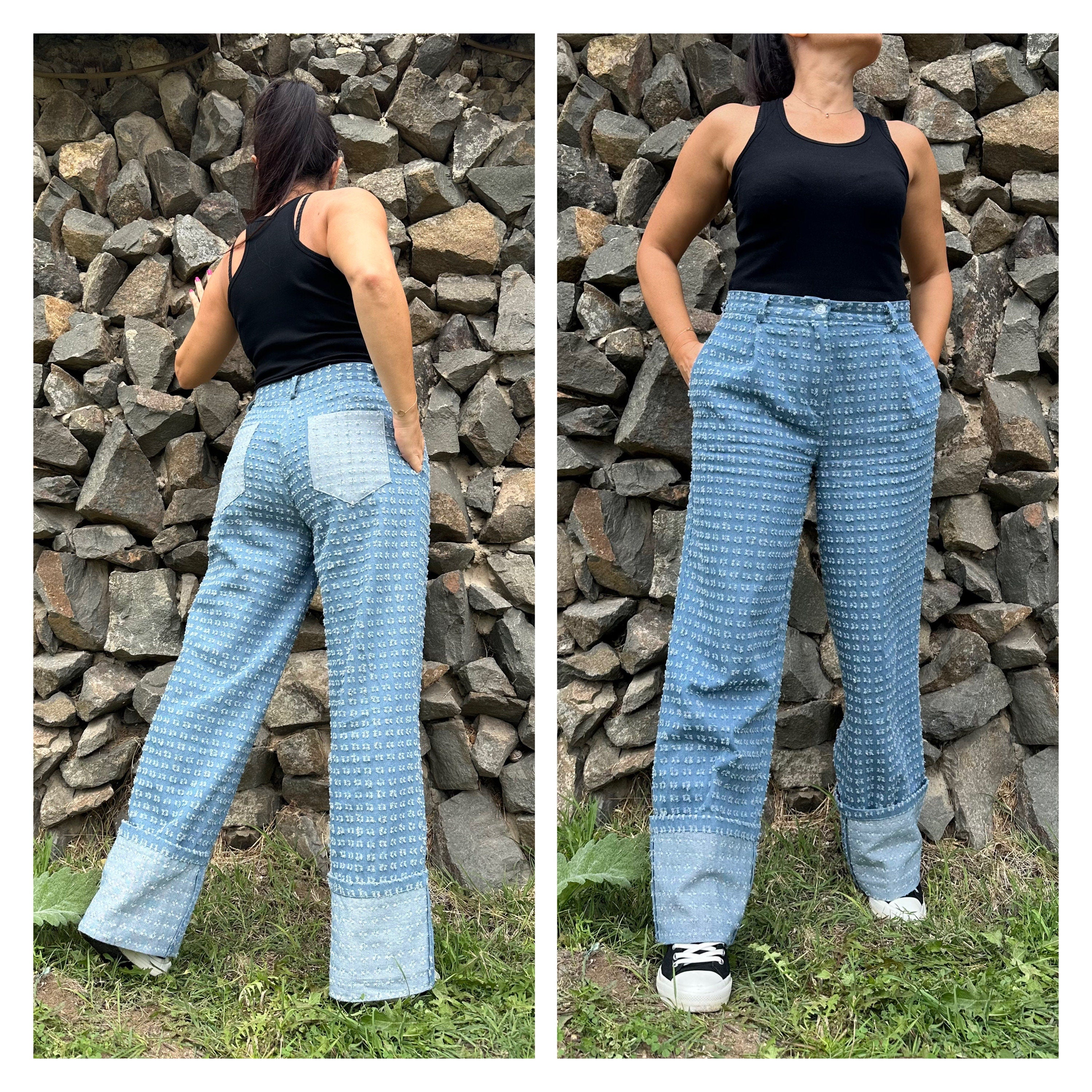 High-Waisted Distressed Denim Pants with Cuffed Hems – Handmade Wide-Leg Jeans with Pockets