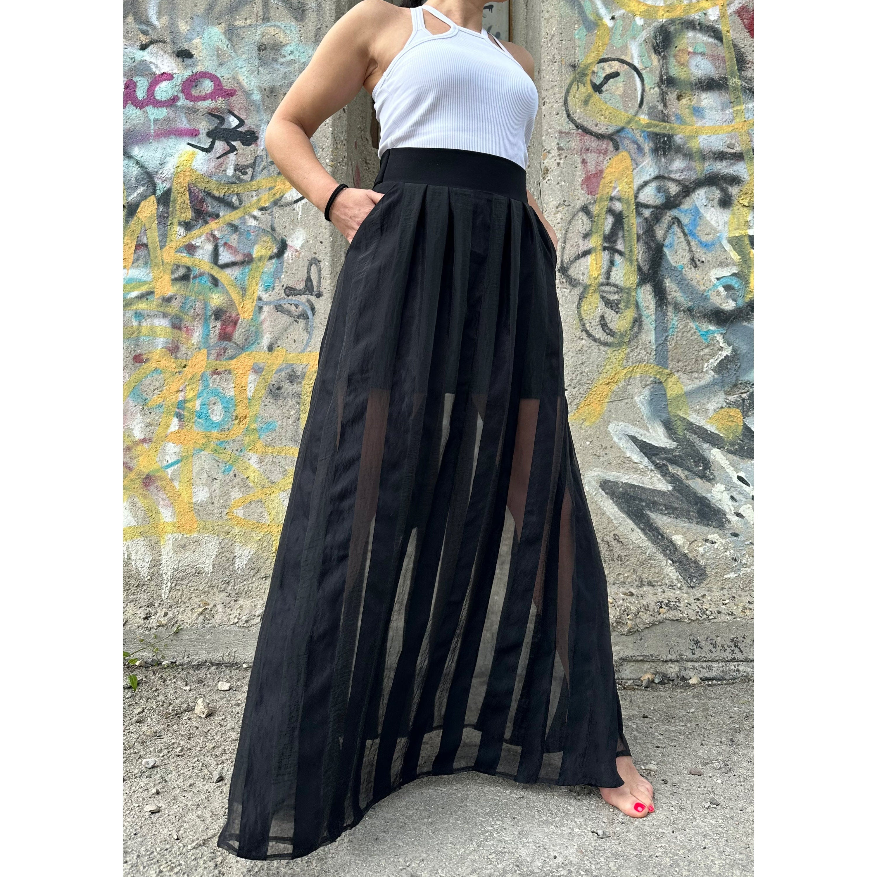 Black Maxi Skirt – High Waist with Cotton and Sheer Organza Stripes