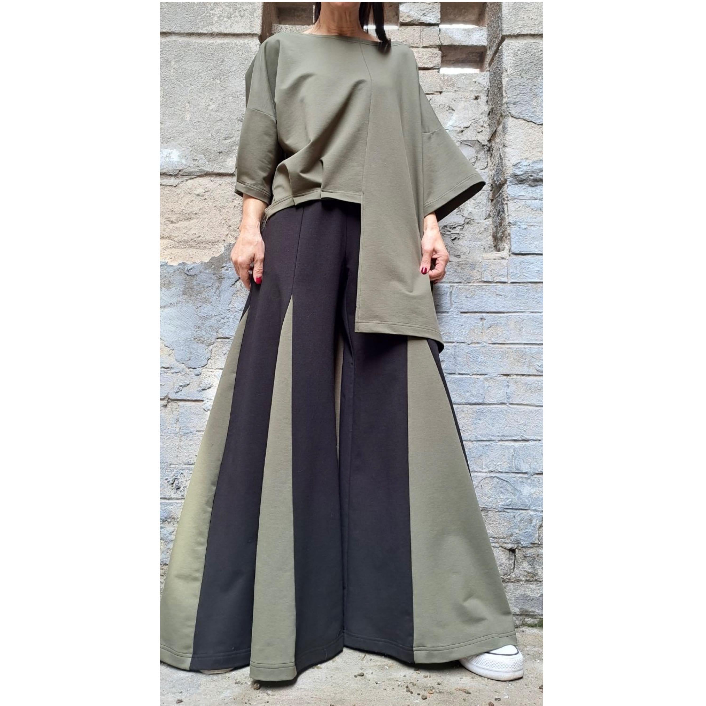 Asymmetric Two-Piece Cotton Set – Wide-Leg High-Waist Pants & Oversized Short-Sleeve Top / Avant-Garde Women’s Outfit XS-5XL