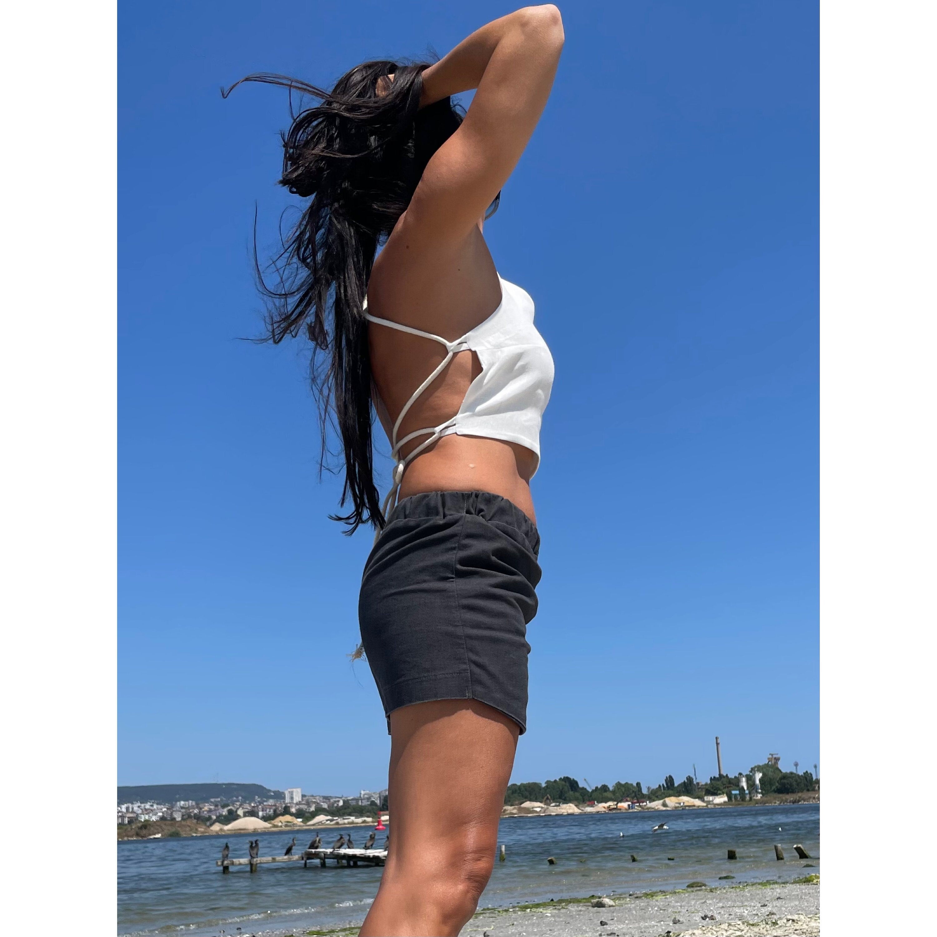 Linen Crop Top: Open Back White Top with Ties