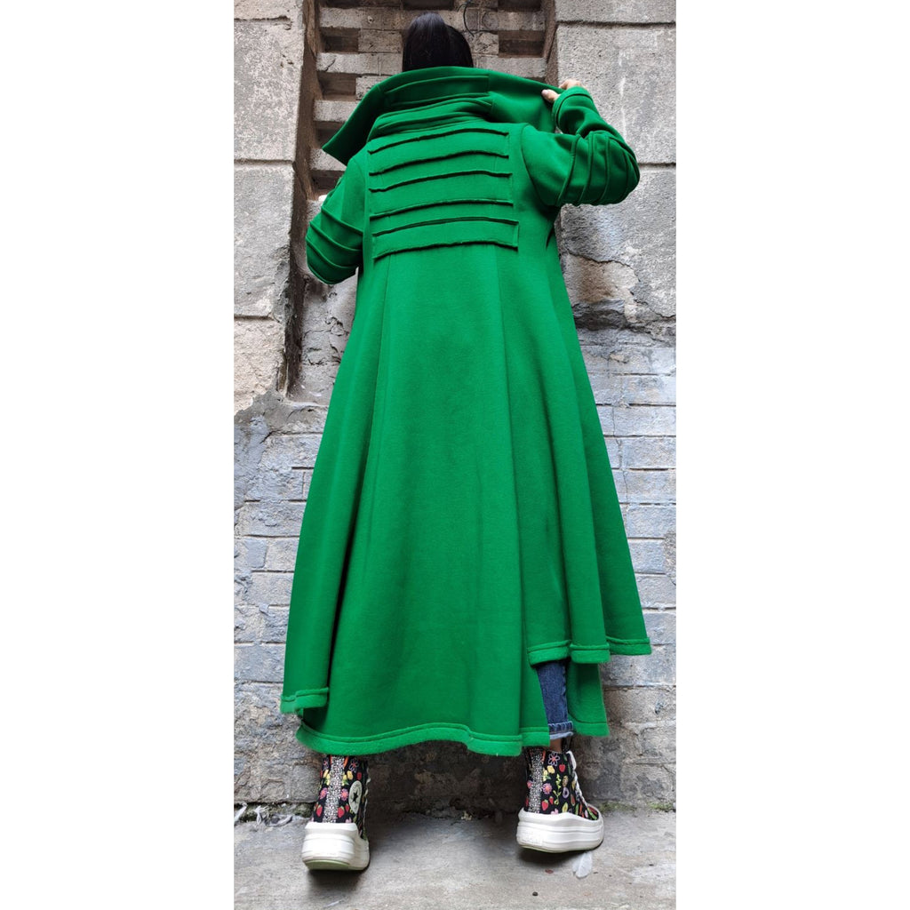 Avant-Garde Green Winter Coat for Women – Asymmetric Fleece Maxi Coat with High Collar / Long Warm Coat / Designer Statement Outerwear