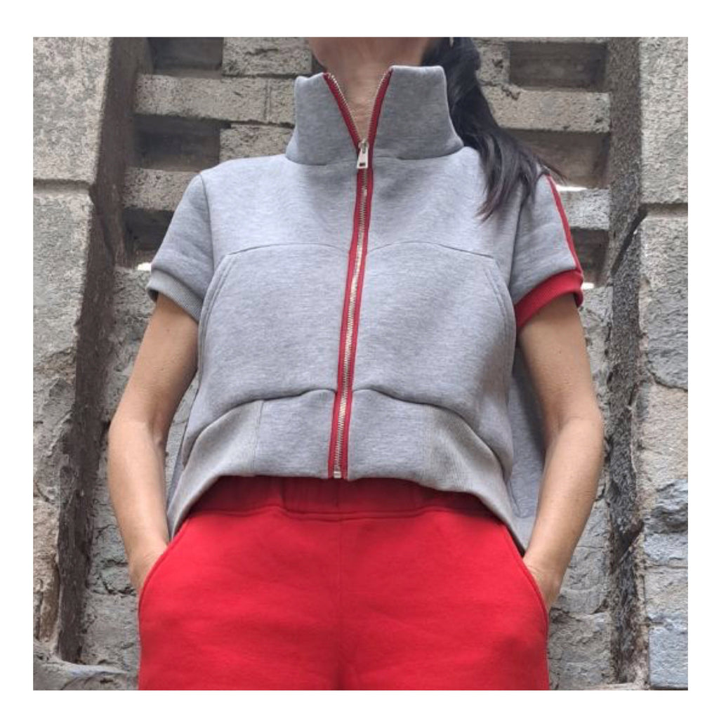 Cotton Short Sleeve Blouse: Warm Grey Top with Red Zipper Vest