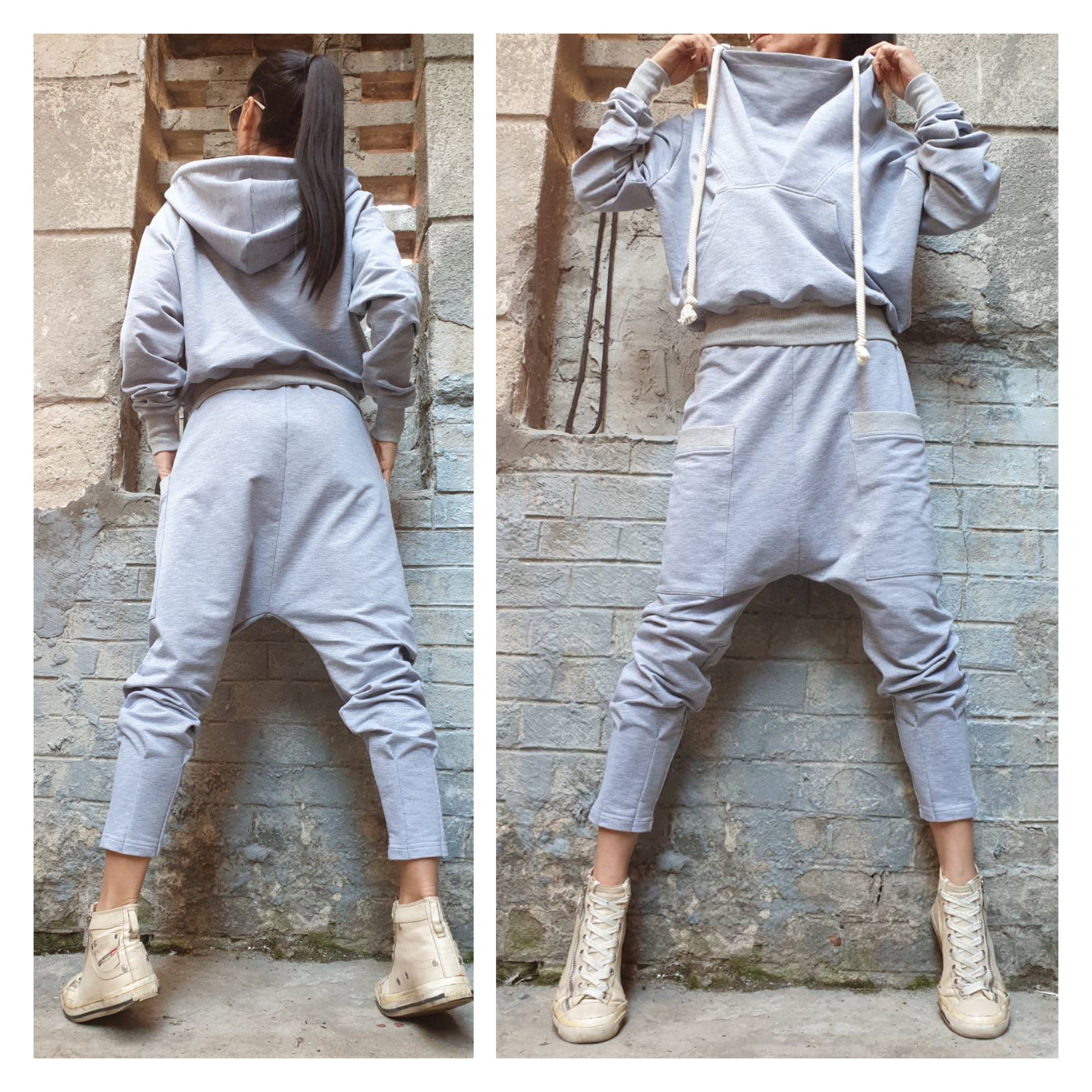 Grey Cotton Tracksuit Set – Women’s Hoodie & Drop-Crotch Harem Pants / Minimalist Streetwear Two-Piece / XS–5XL