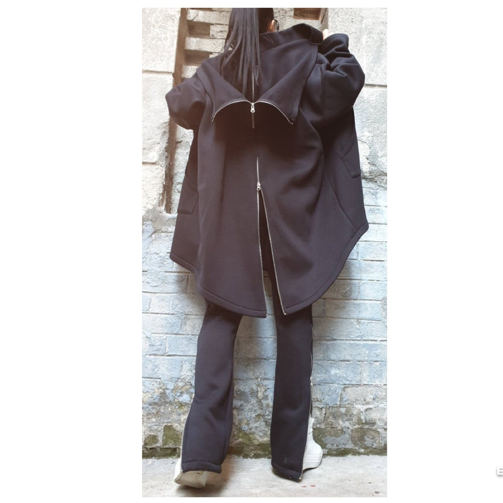 Asymmetric Black Cotton MIDI Coat with Hood – Warm Three-Thread Fleece / Double Zippers / Avant-Garde Jacket