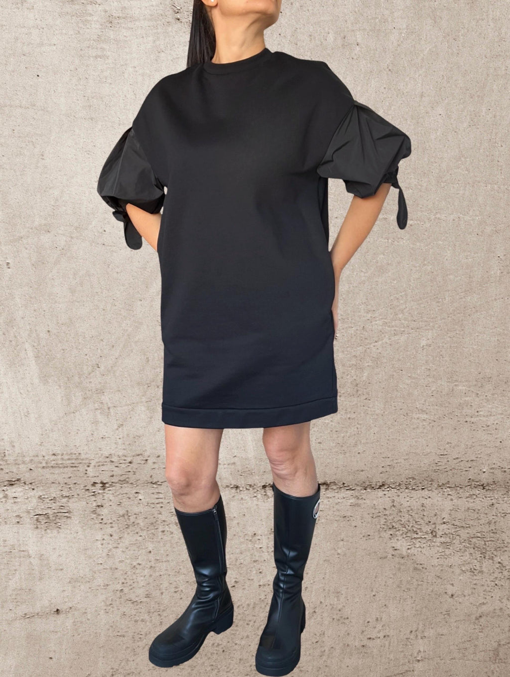 Black Cotton Tunic Dress with Balloon Sleeves – Short Puff Sleeve Dress – Oversized Minimalist Tunic – Handmade Custom XS–5XL