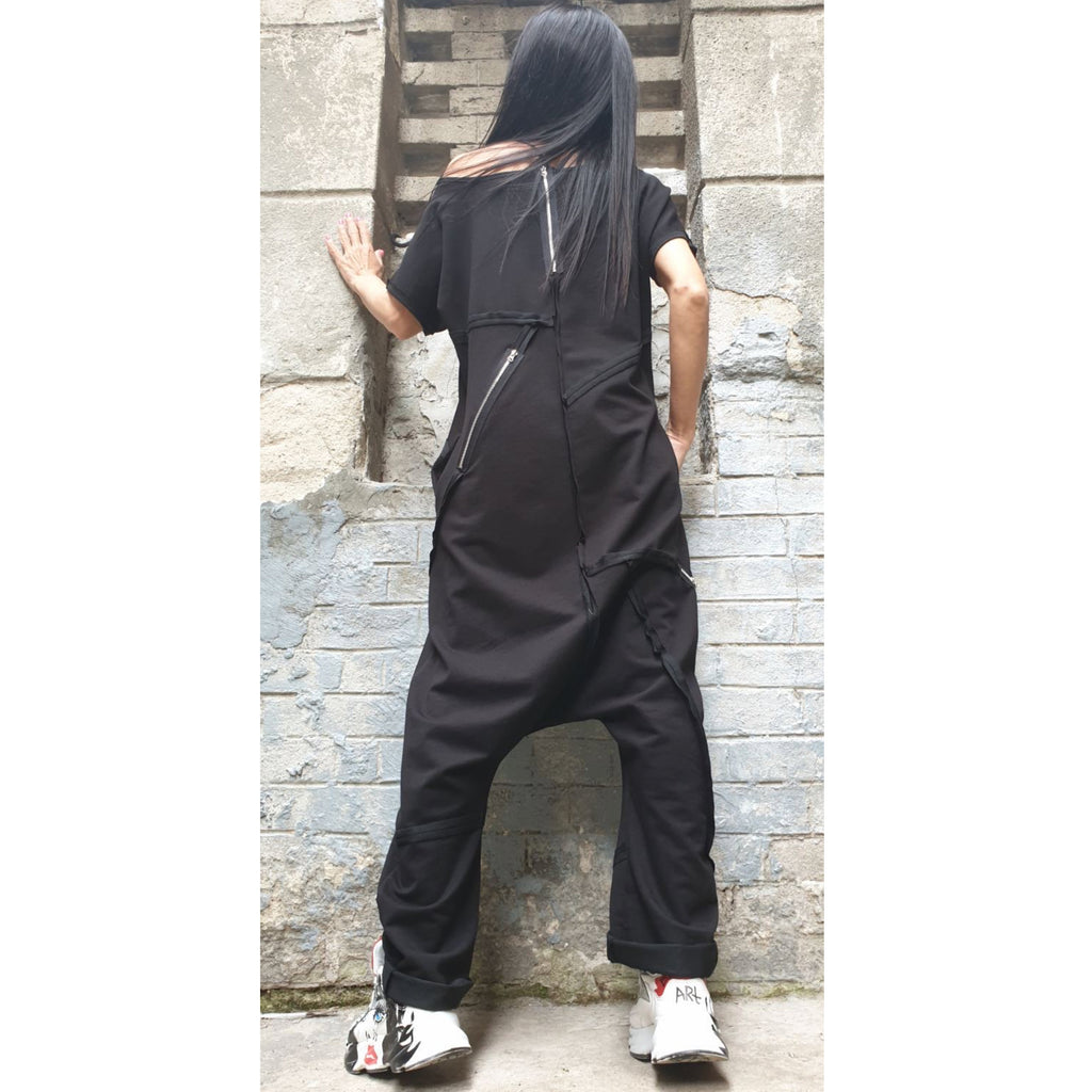 Black Asymmetrical Jumpsuit with Short Sleeves – Designer Cut / Exposed Seams & Zippers / Two-Thread Fleece Romper with Side Pockets