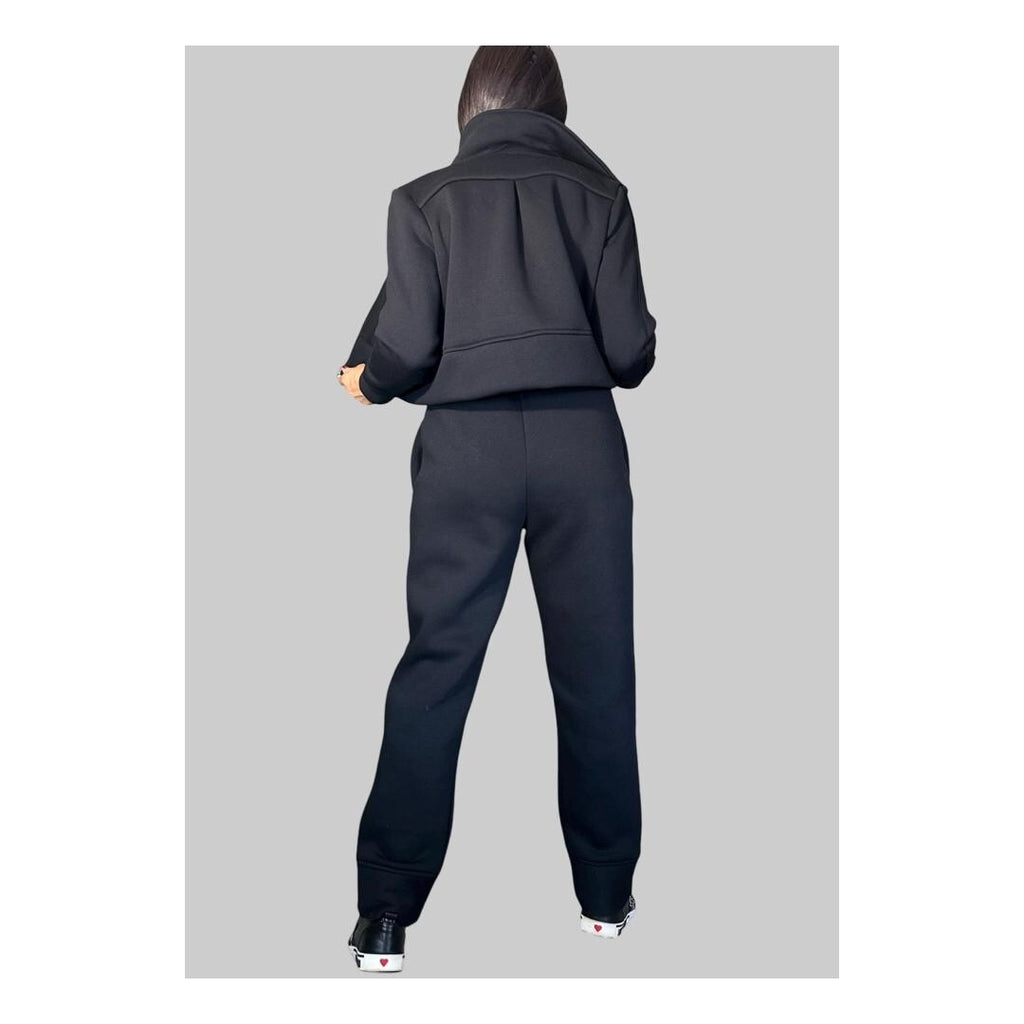 Women’s Two-Piece Tracksuit Set – Black High-Neck Zip Jacket & Jogger Pants / Thick Cotton Blend Loungewear / Minimalist Athleisure Outfit