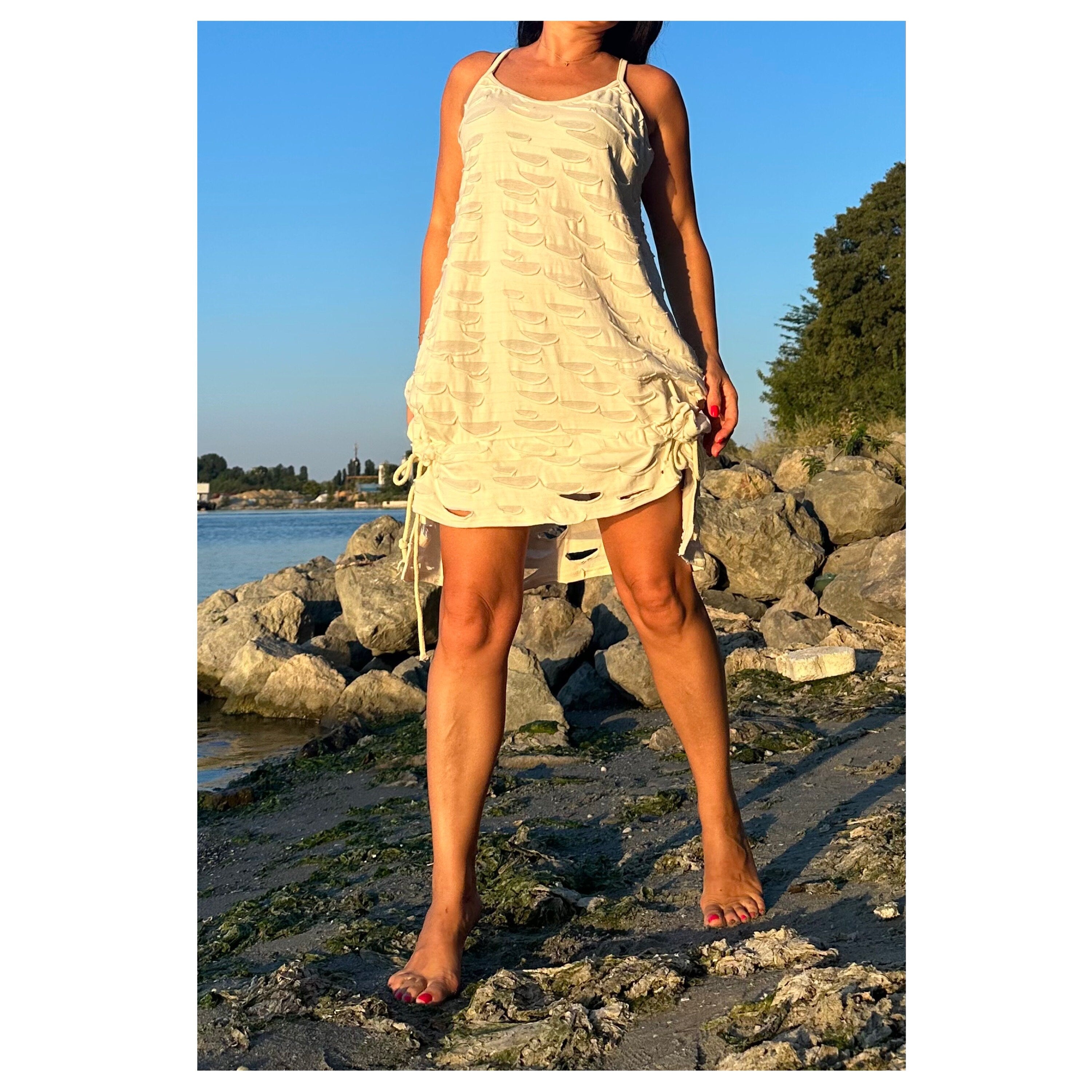 Asymmetric Cotton Summer Dress – Sleeveless Tunic with Drawstring Details