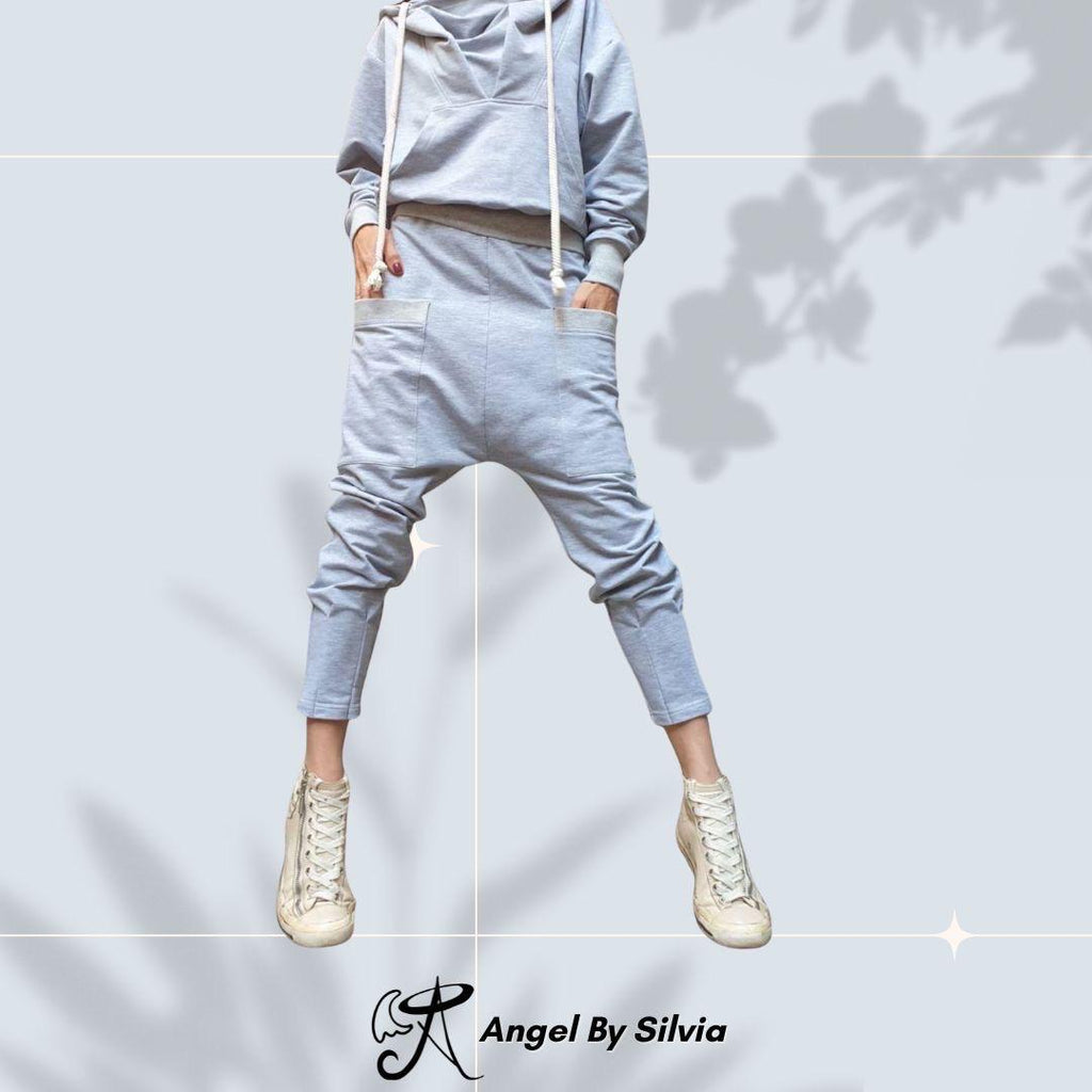 Sporty Grey Harem Pants – Women’s Cotton Jogger with Drop-Crotch & Elastic Waist