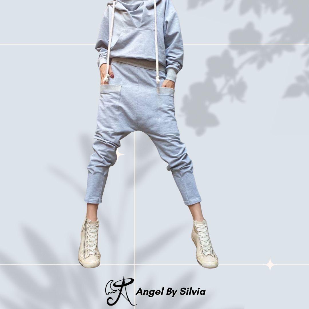 Sporty Grey Harem Pants – Women’s Cotton Jogger with Drop-Crotch & Elastic Waist