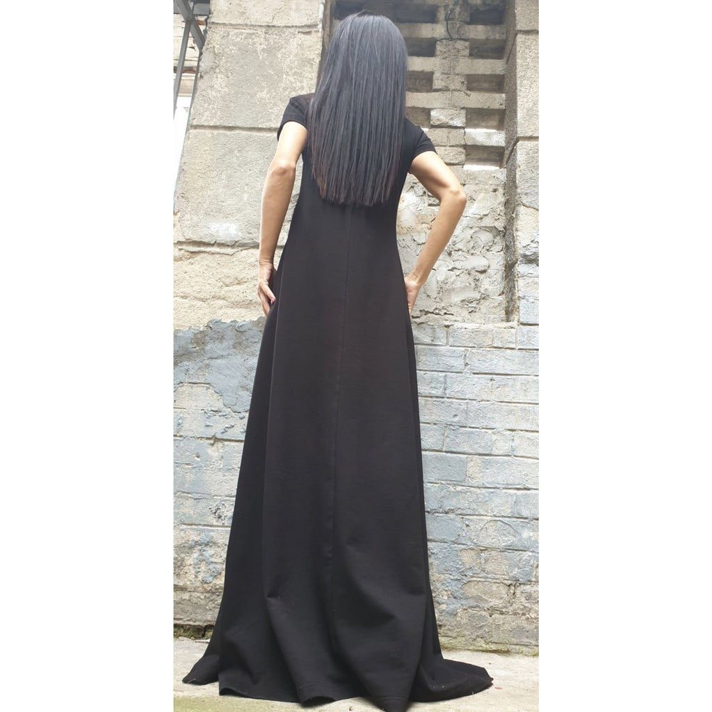 Asymmetric Maxi Black Dress – Long Cotton Dress with Side Slit / Urban Elegant Evening Dress / Short Sleeve Summer Dress