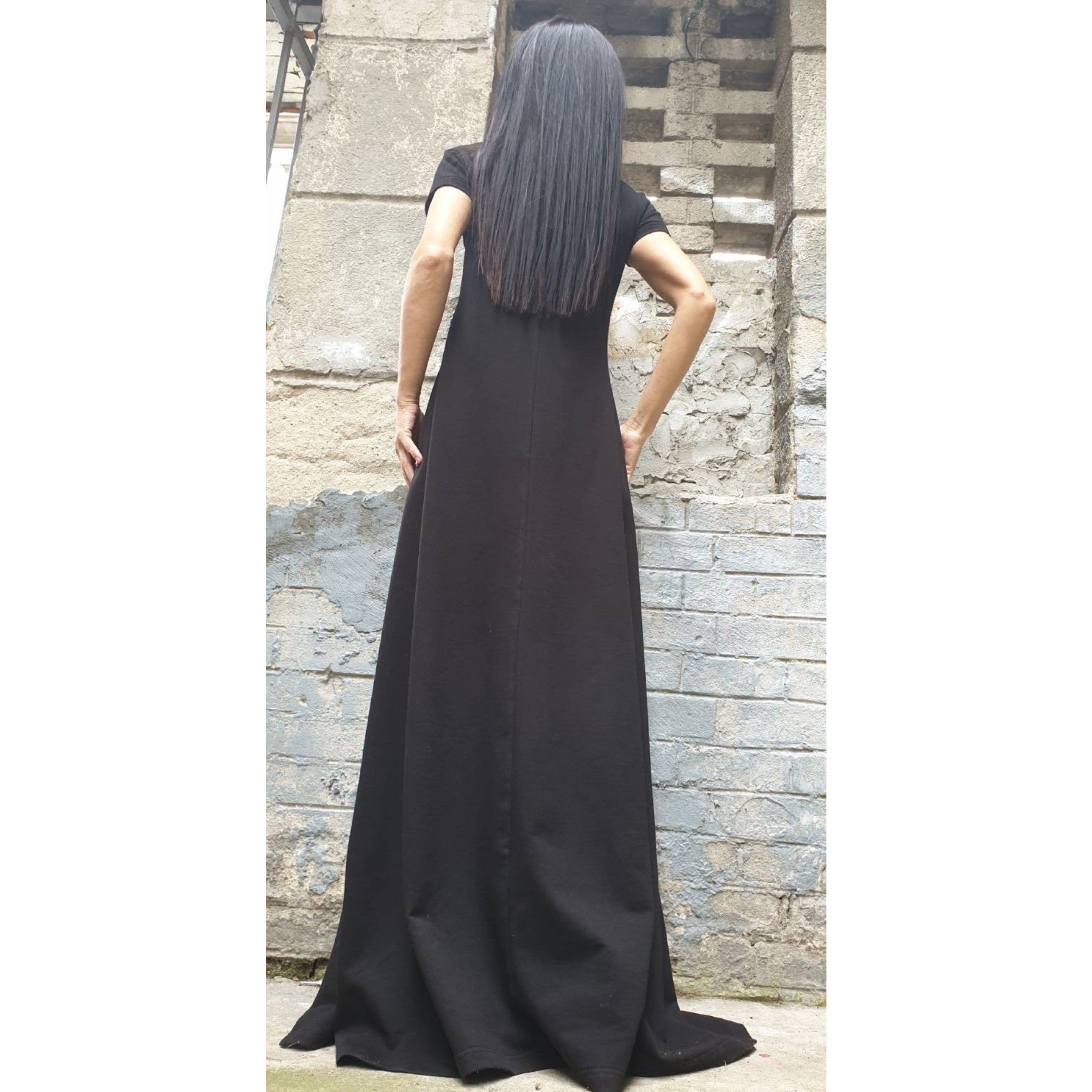 Asymmetric Maxi Black Dress – Long Cotton Dress with Side Slit / Urban Elegant Evening Dress / Short Sleeve Summer Dress